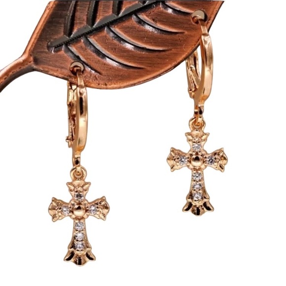 Diamond Cross Gold Toned Leverback Earrings - Picture 1 of 1